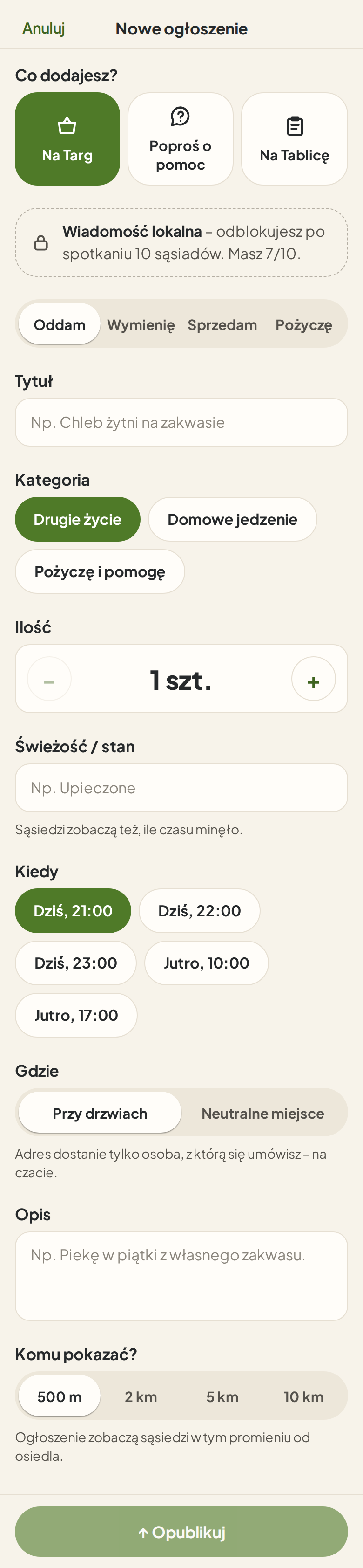 Ekran dodawania ogłoszenia: chleb żytni na zakwasie, 15 zł, odbiór przy drzwiach