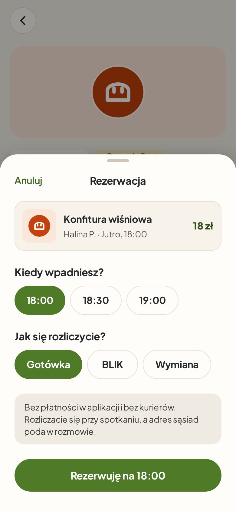 Ekran rezerwacji: odbiór dziś o 17:00, rozliczenie gotówką, BLIK-iem albo wymianą
