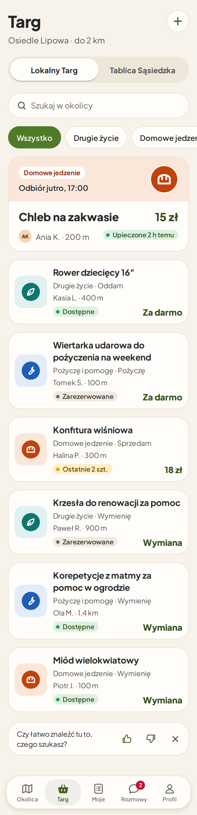 Ekran Targ: ogłoszenia z okolicy – chleb na zakwasie, rower do oddania, wiertarka do pożyczenia